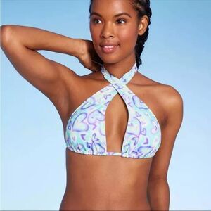 NWT- Wild Fable-Multiway Bikini Top Blue/Green Heart Print- Size Medium (8-10)